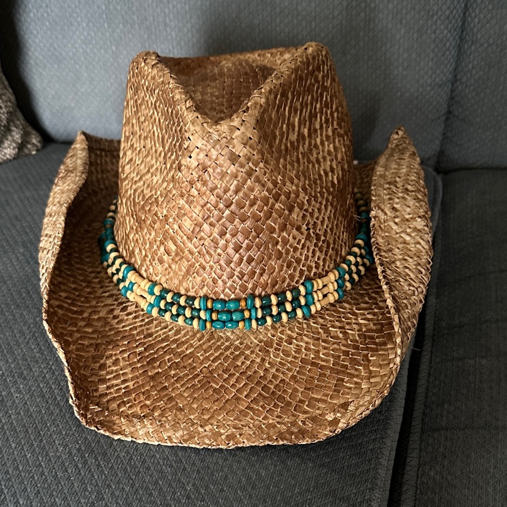 Sun N Sand Woven Straw Cowboy Hat with Turquoise Beaded Band
